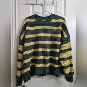 American Eagle Woman's Green & Yellow Striped Oversized Knit Sweater - L